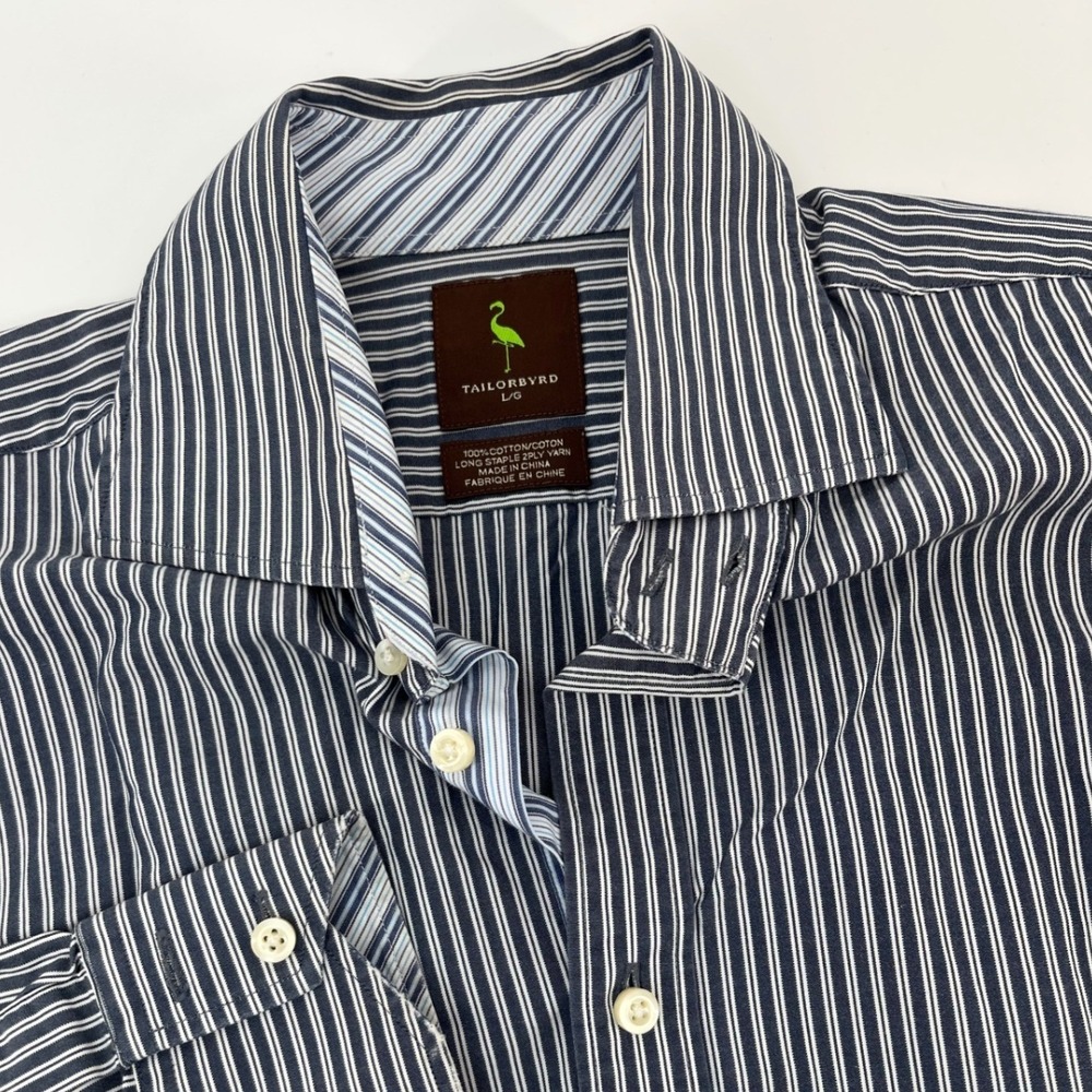 Tailorbyrd Button Down Mens Large Blue White Striped Long Sleeve Cotton Shirt